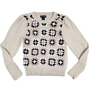 Design 365 Sz S VTG‎ Floral Crochet Knit Grannycore Cottagecore Neutral Sweater